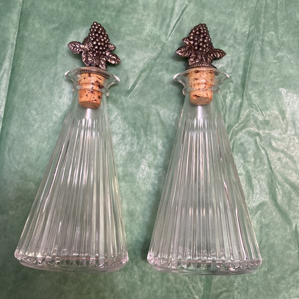 Vintage Oil & Vinegar Glass Condiment Decanter Set With Silver Corked Tops